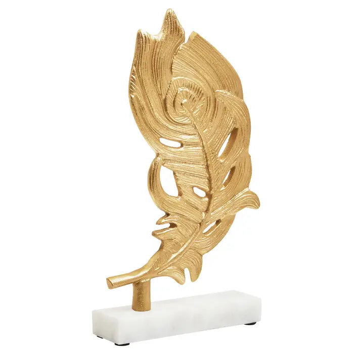 Eli Gold Peacock Feather Sculpture On White Marble Base