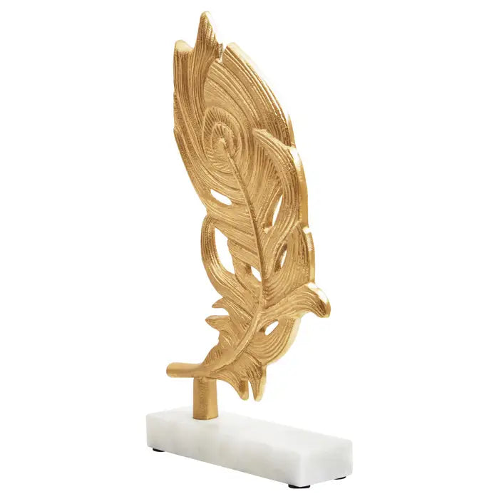 Eli Gold Peacock Feather Sculpture On White Marble Base