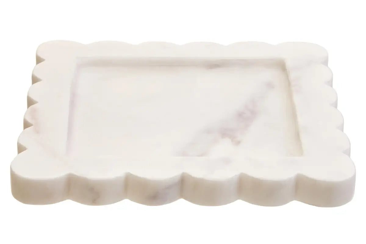 Samira White Marble Square Small Tray with Scallop Edges