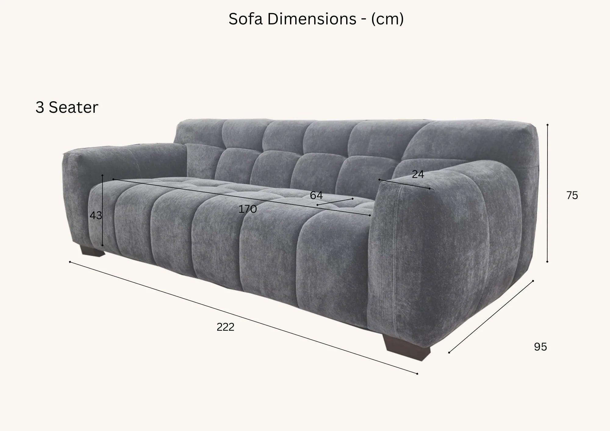 Aluxo Harlem Sofa Range in Steel Velvet 3 seater