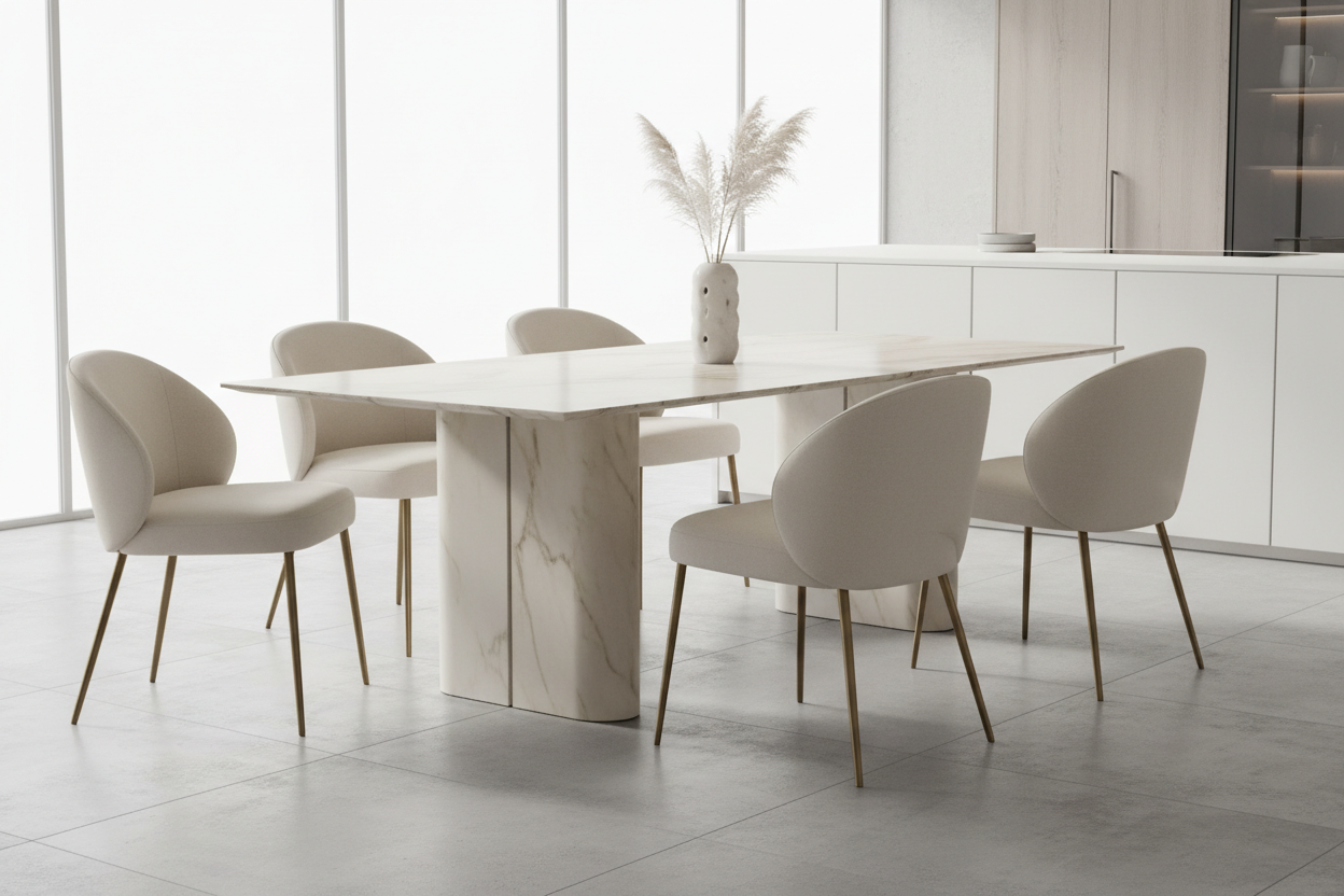 very classy kitchen chairs and table with a neutral background 
